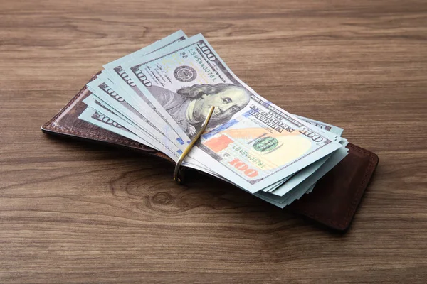 Dollar Bills Stack Wooden Table — Stock Photo, Image