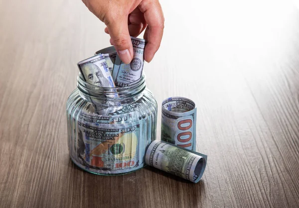 Glazen Pot Met Veel Dollars Geld Besparen Concept — Stockfoto
