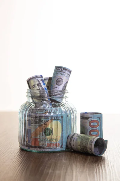 Glazen Pot Met Veel Dollars Geld Besparen Concept — Stockfoto