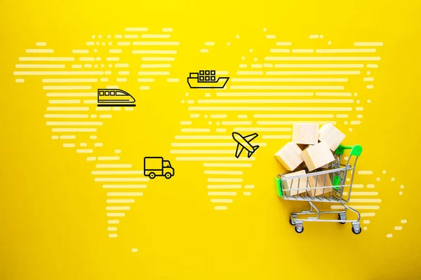 Concept Logistics Delivery Goods Trolleys Boxes Goods Yellow Background — Stockfoto