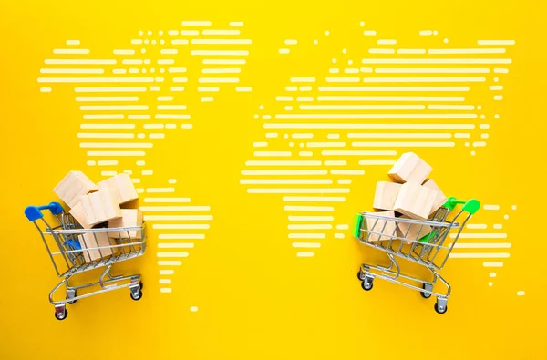 Concept Logistics Delivery Goods Trolleys Boxes Goods Yellow Background — Stockfoto