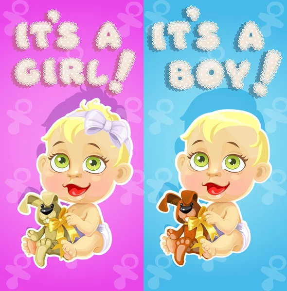 It`s a boy and it`s a girl announcement card with cute babies — Stock Vector