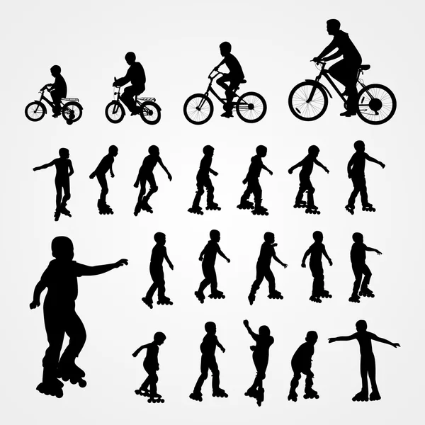 Big set vector silhouette of roller skating and bicyclist — Stock Vector
