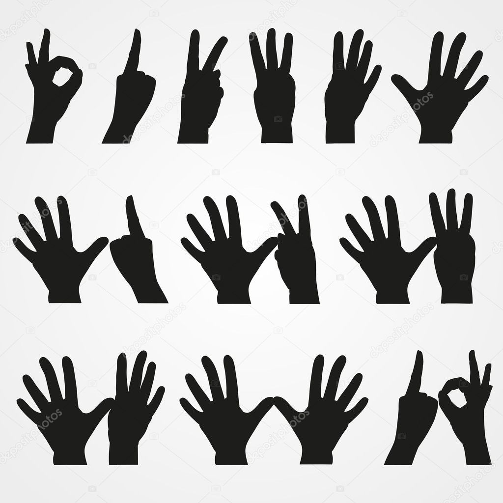 Set of illustrations of numbers in the form of hands from 1 to 10