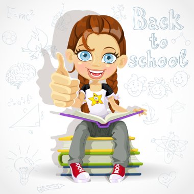 neşeli kız öğrenci bir yığın kitap üzerinde otururken bir kitap okuyorum. Banner - okul için