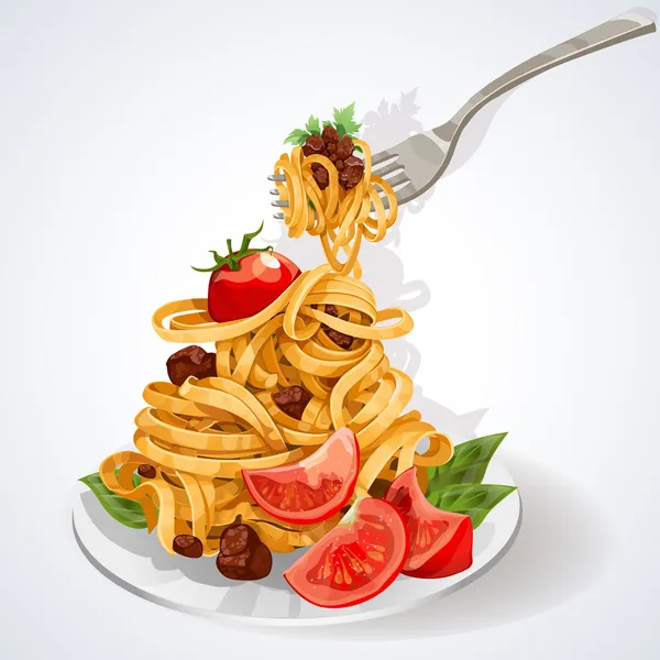 Pasta con salsa de tomate y carne en un plato y un tenedor — Vector de stock