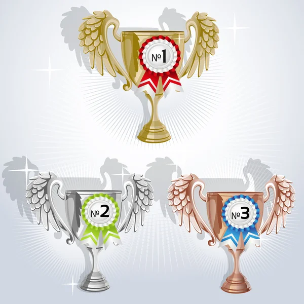 Award goblets - gold, silver and bronze with rosettes — Stock Vector