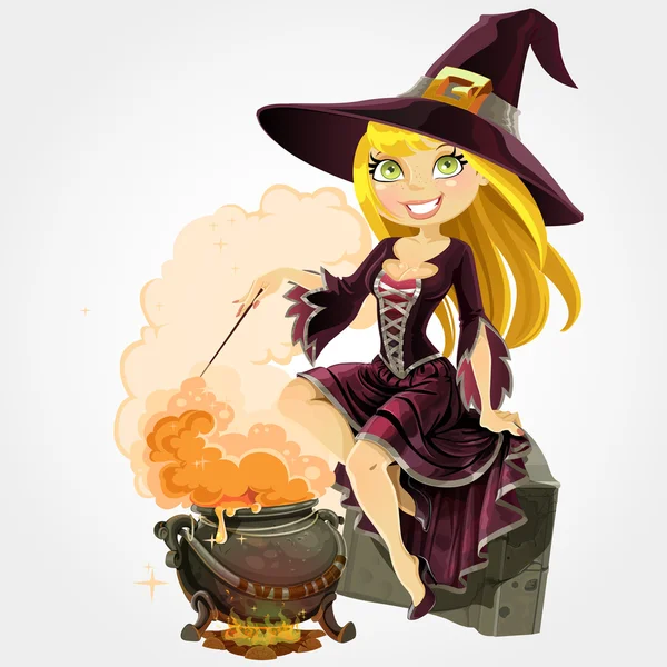 Beautiful witch in the boiler with a potion — Stock Vector