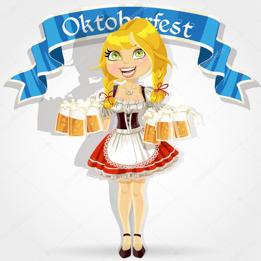 Pretty girl in traditional costume with a glass of beer celebrating Oktoberfest