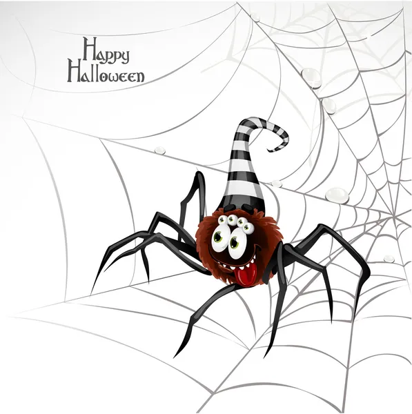 Banner de Halloween feliz con araña linda en la web — Vector de stock