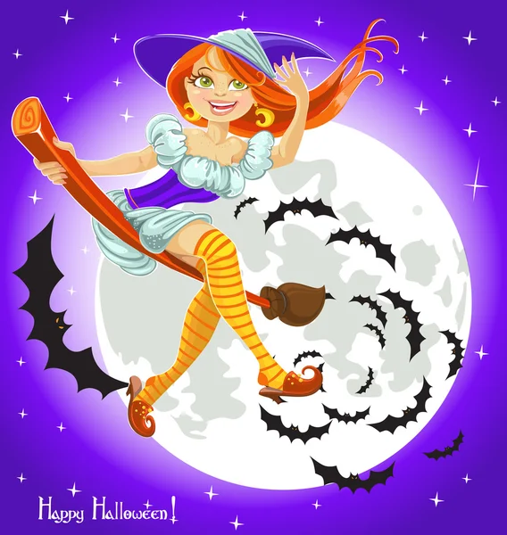 Mignonne jeune sorcière sur un manche à balai dans le ciel de nuit avec son cortège de chauves-souris — Image vectorielle