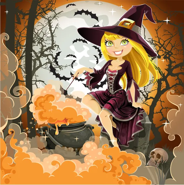 Witch with potion in the pot sits in the cemetery on Halloween night — Stock Vector