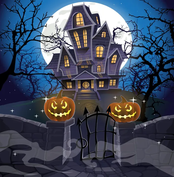 Happy Halloween cozy haunted house behind a stone wall — Stockvector