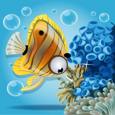 Discus balık, mercan ve anemon ile mavi bir arka plan üzerinde