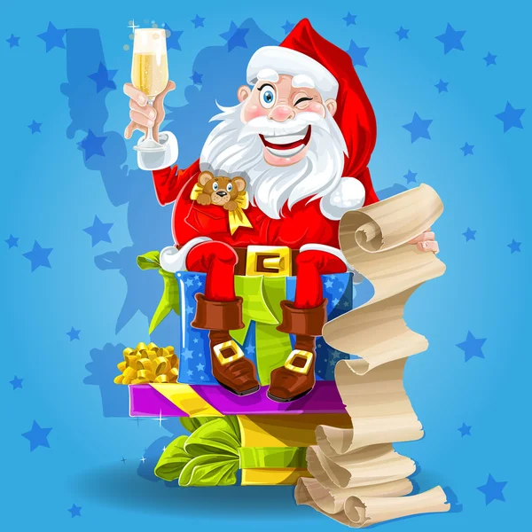 Mignon père Noël avec des cadeaux et champagne — Image vectorielle