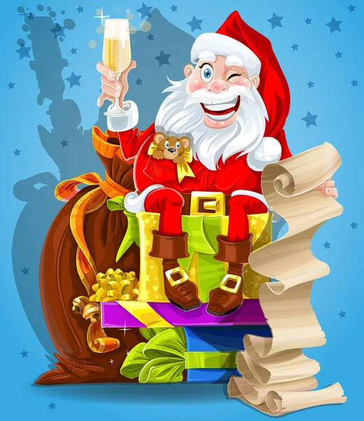 Santa Claus with gifts and champagne — Stock Vector