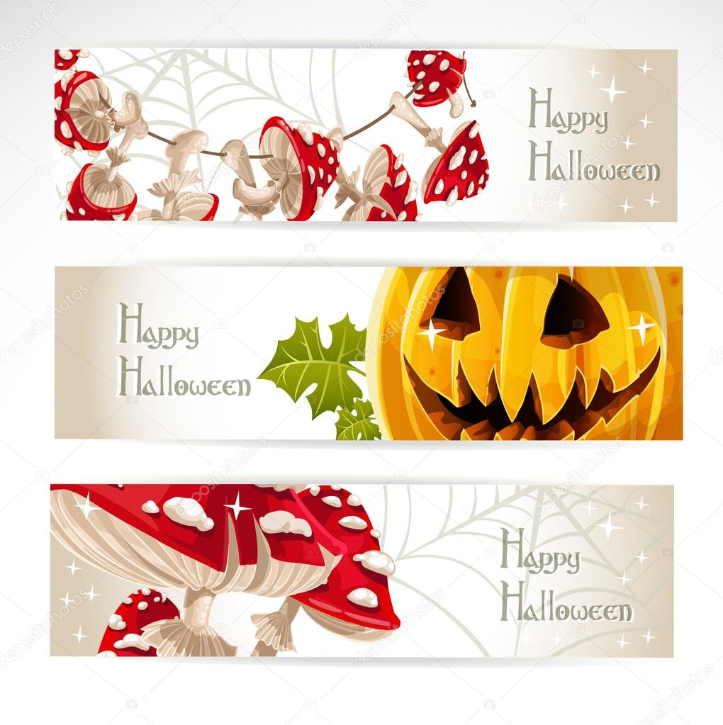 Happy Halloween horizontal banner. With Jack and amanita mushroom