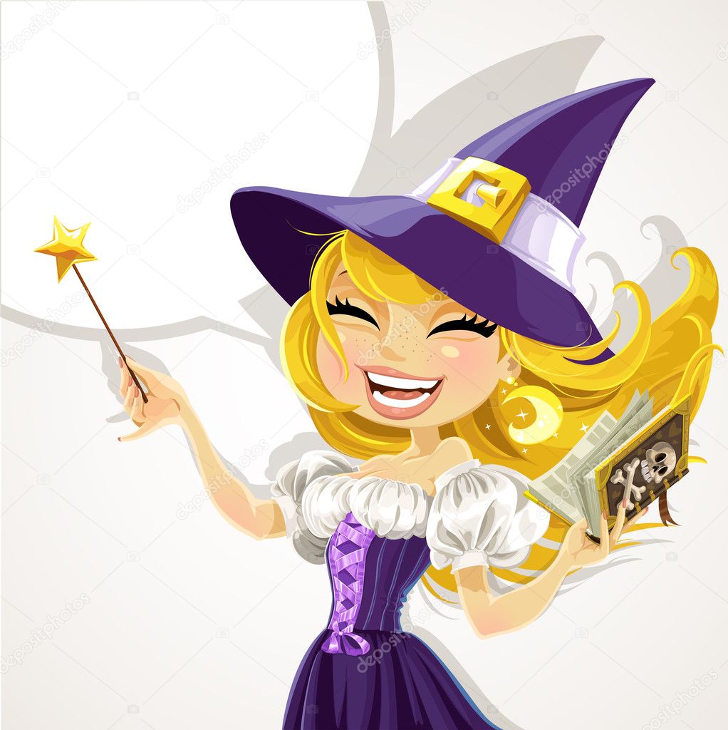 Cute young witch with magic wand and book