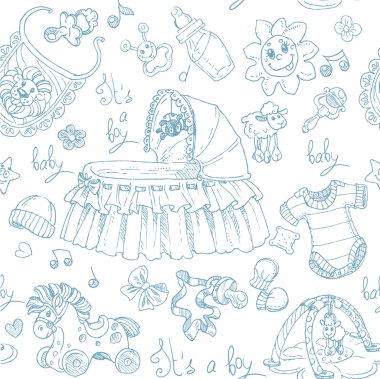 Dikişsiz arka planı olan oyuncaklar, çocuk giyim ve Aksesuar doodle