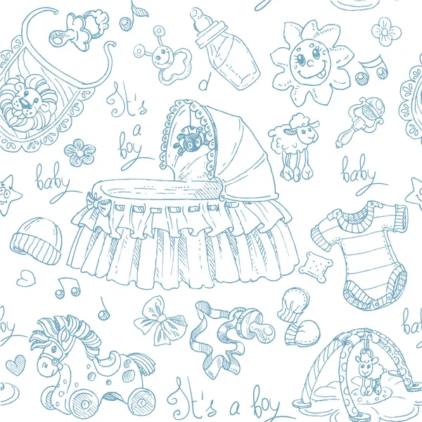 Fond sans couture est un garçon avec des jouets, des vêtements et des accessoires doodle — Image vectorielle