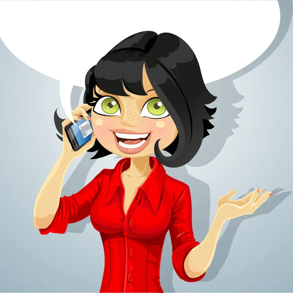 Cute brunette dziewczyna rozmawia przez telefon o czymś przyjemnym — Wektor stockowy