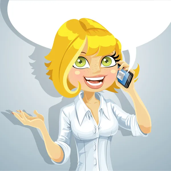 Cute blond girl talking on the phone about something pleasant Stock Vector