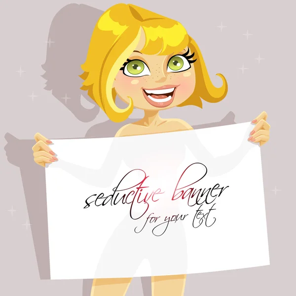 Cute nude girl hold seductive banner for your text — Stock Vector