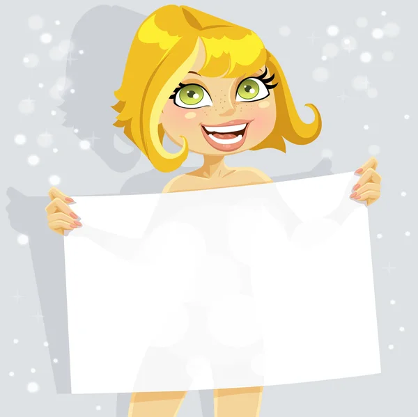 Cute nude girl hold blank seductive banner for your text — Stock Vector