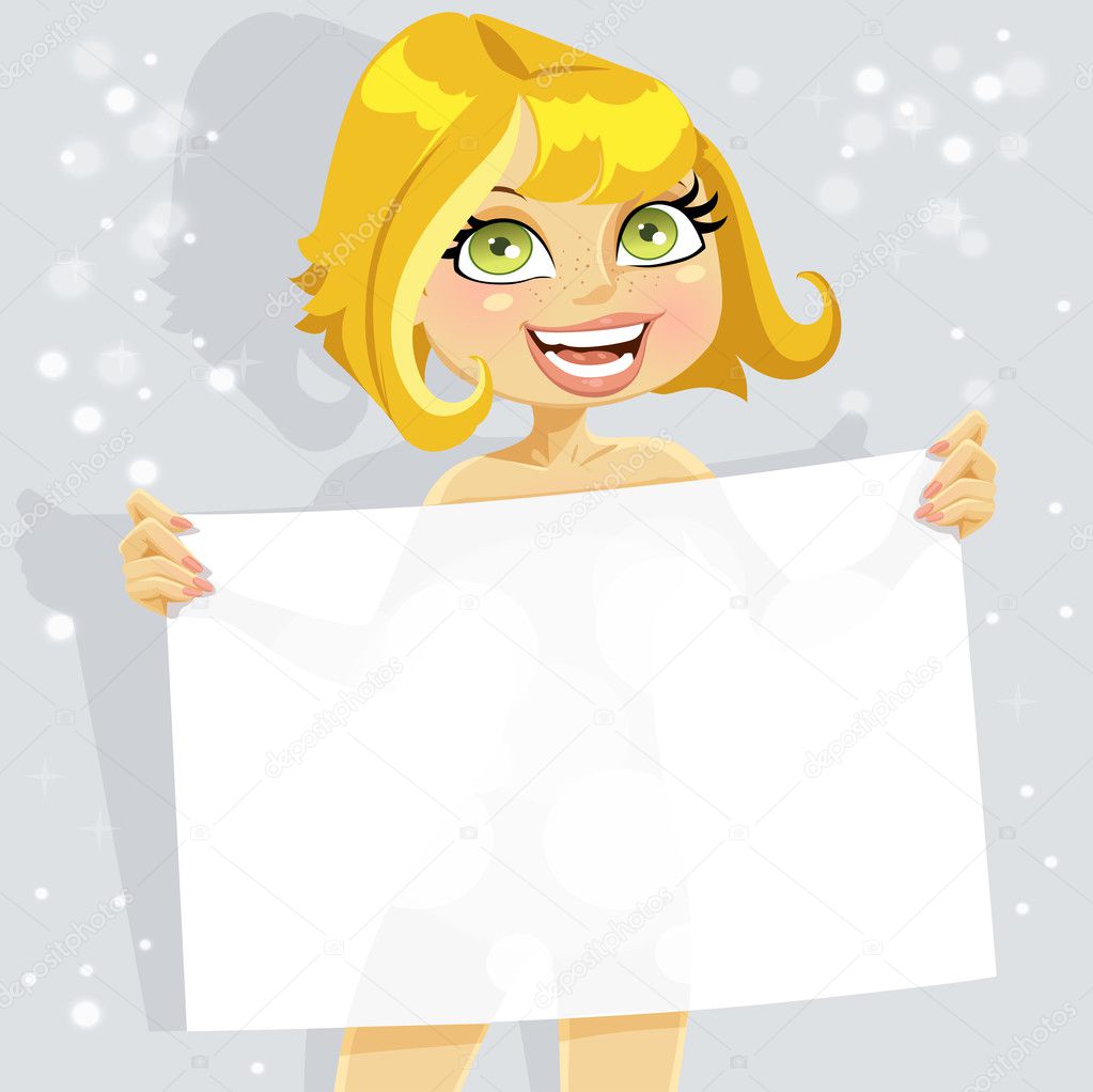 Cute nude girl hold blank seductive banner for your text Stock Vector
