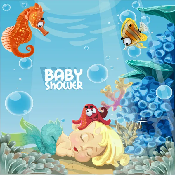 Baby shower with sleeping baby mermaid — Stock Vector