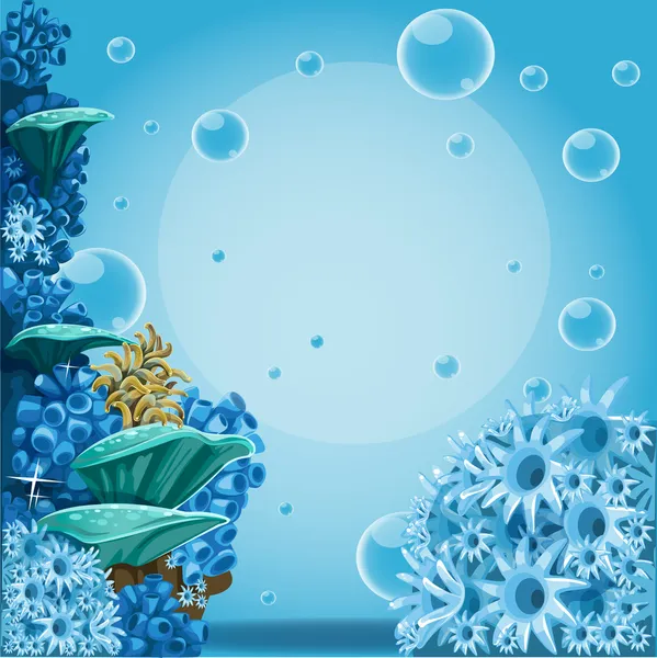 Oyunculuk ve mercanlarla dolu açık deniz mavisi bir arka plan. Metnin için pankart — Stok Vektör