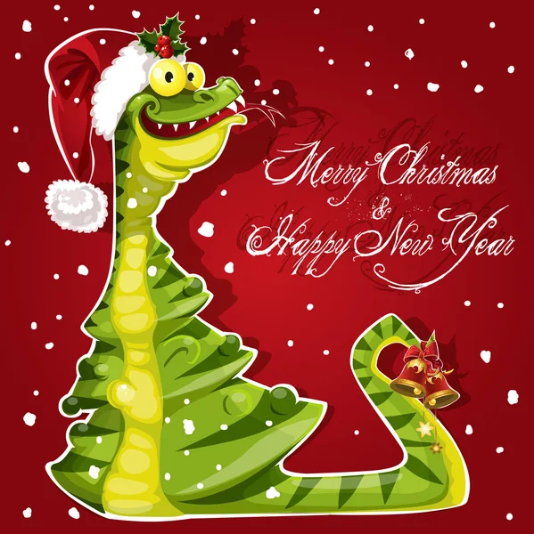 New Year Snake ate a Christmas tree banner on red background — Stock Vector