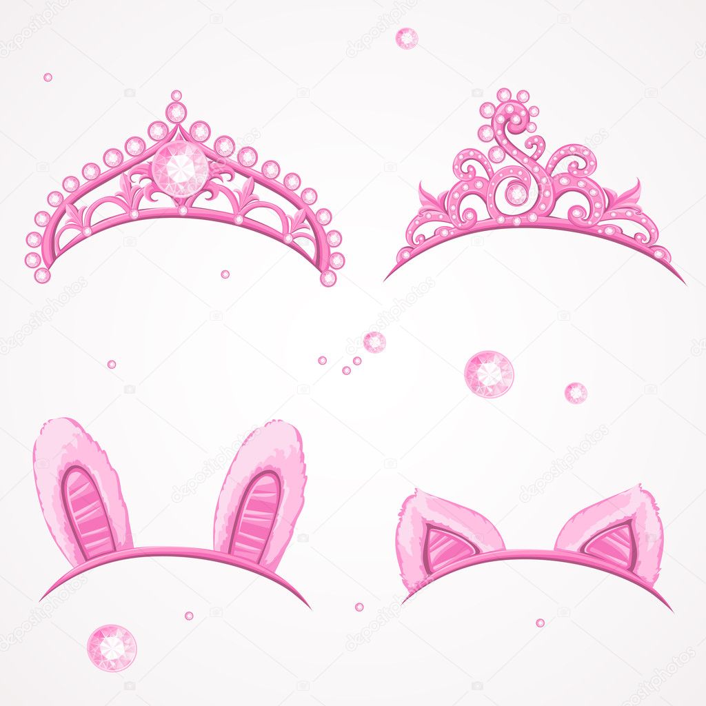 Shining pink girls tiaras with diamonds and carnival tabs on the hoop set isolated on white background