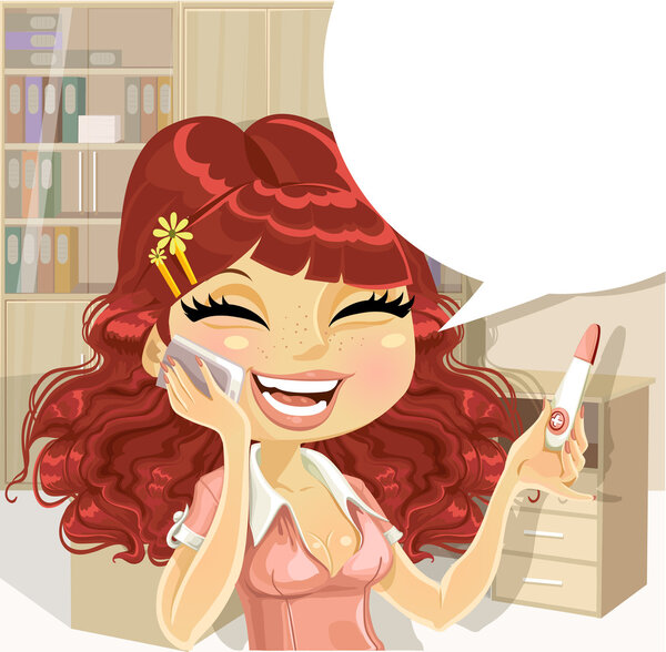 Cutel девушка в офисе говорит по телефону о результате положительный тест на беременность