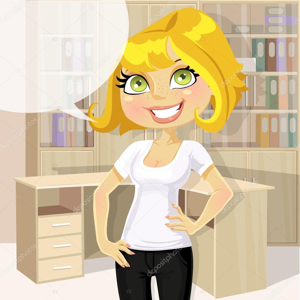 Cute business woman in office with speech bubble shows a T-shirt under print of your logo