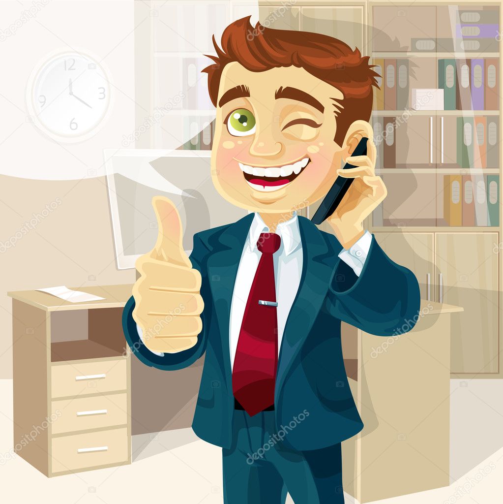 Business man in office reported good news on the phone and shows all is OK