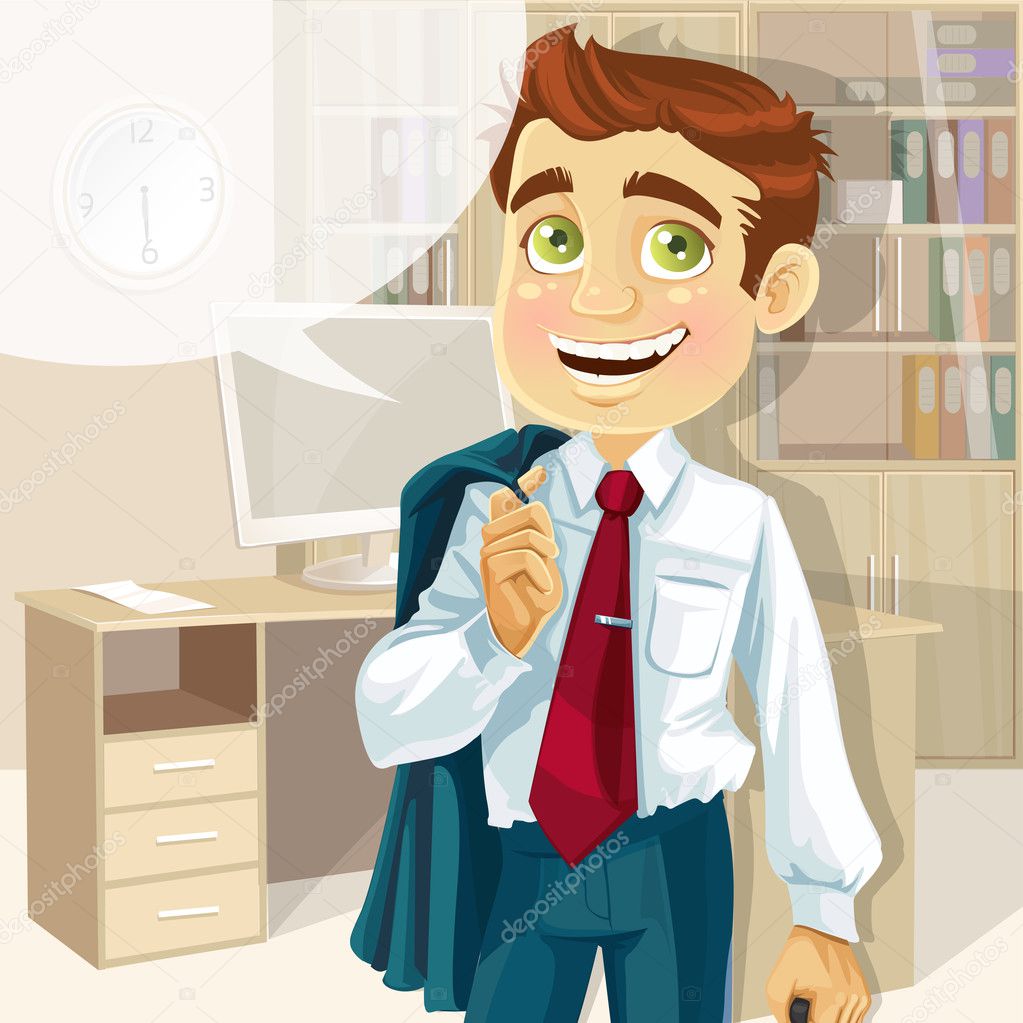 Business man in office with speech bubble gonna go home
