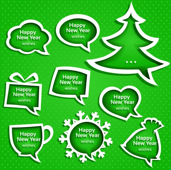 Las burbujas del discurso de Navidad establecen varias formas en el fondo verde con saludos de Año Nuevo — Vector de stock