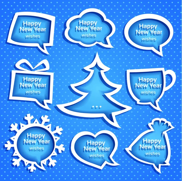 Las burbujas del discurso de Navidad establecen varias formas en el fondo azul con saludos de Año Nuevo — Vector de stock