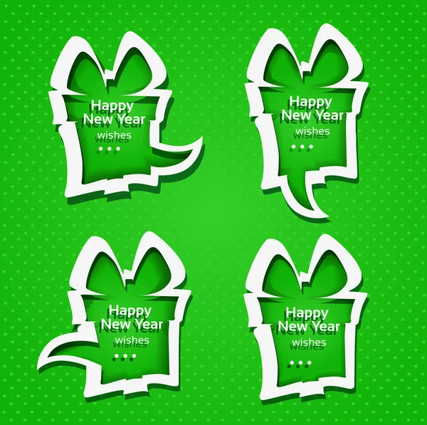 Christmas applique speech bubbles with Happy New Year wishes on green background — Stock Vector