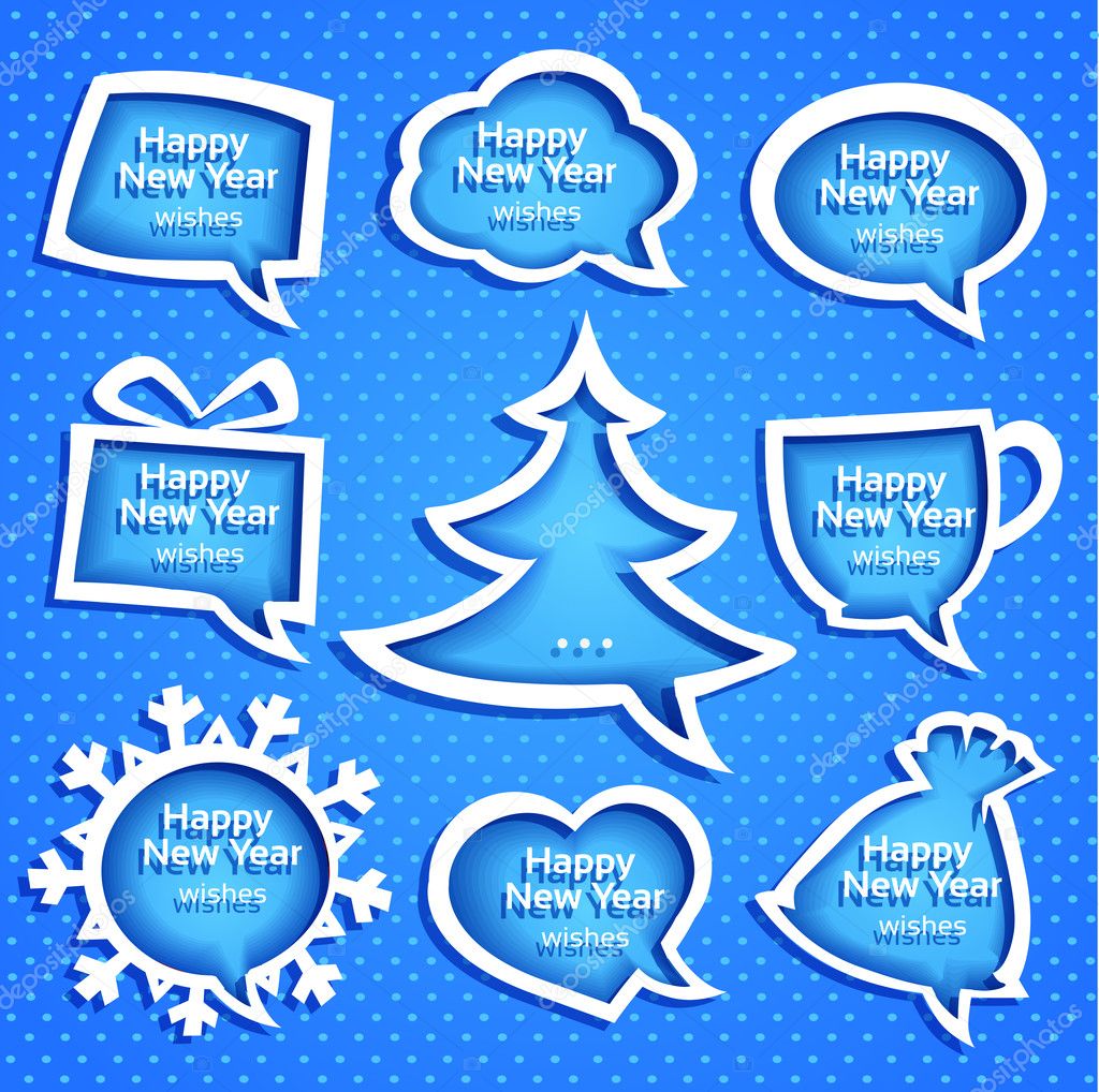 Christmas speech bubles set various shapes on blue background with New Year Greetings