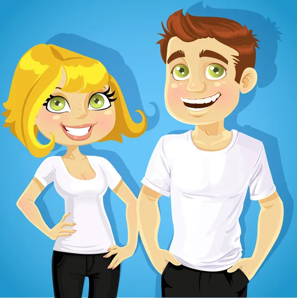 Roztomilý muž a žena ukazuje bílé trička pod potiskem loga vaší společnosti — Stockový vektor