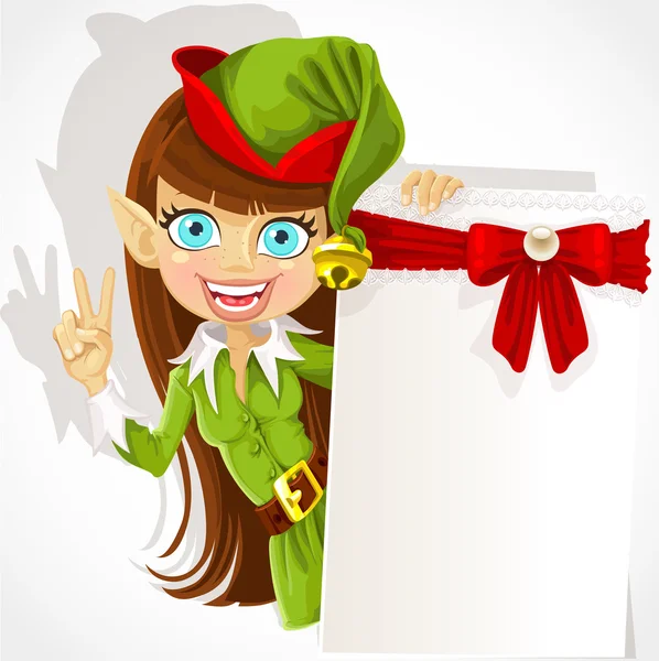 Jolie jeune fille l'elfe de Noël avec une bannière pour vos félicitations — Image vectorielle