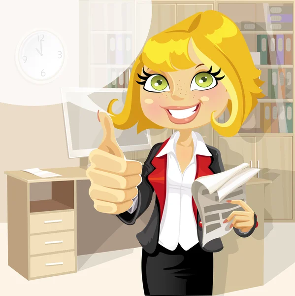 Pretty business woman in office with business papers showing that everything is OK — Stock Vector