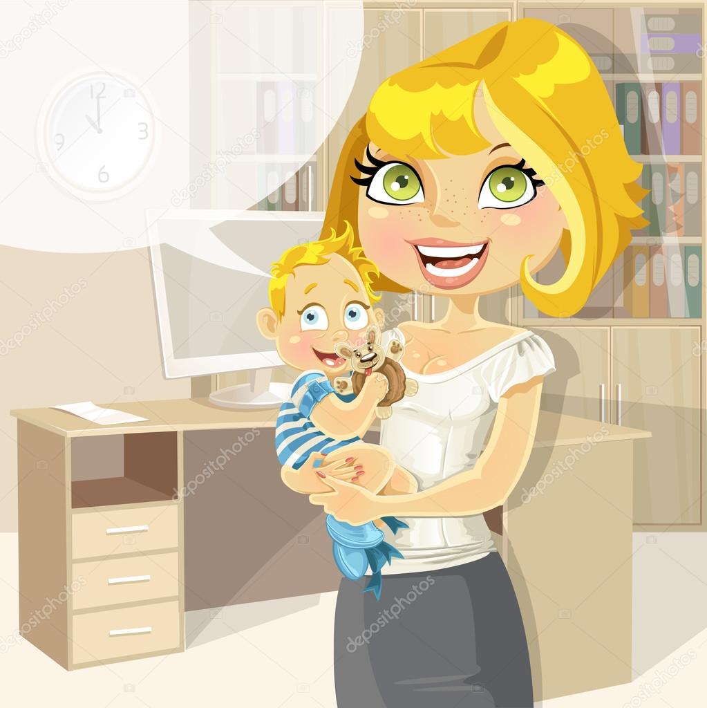 Pretty business mom with baby boy in office