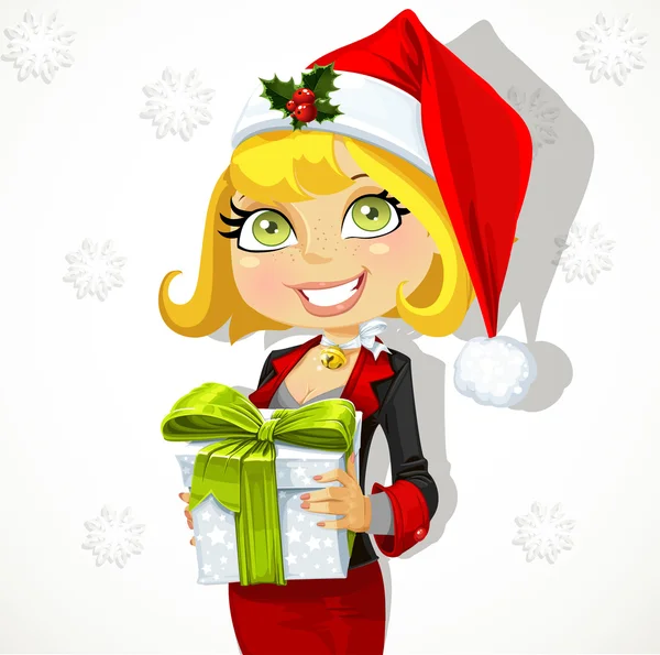 Senhora de negócios festivo no chapéu de Papai Noel dá um presente —  Vetores de Stock