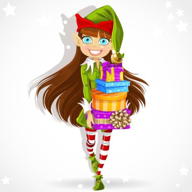 sevimli kız yeni yıl elf Noel Baba'nın Yardımcısı hediyeler verir