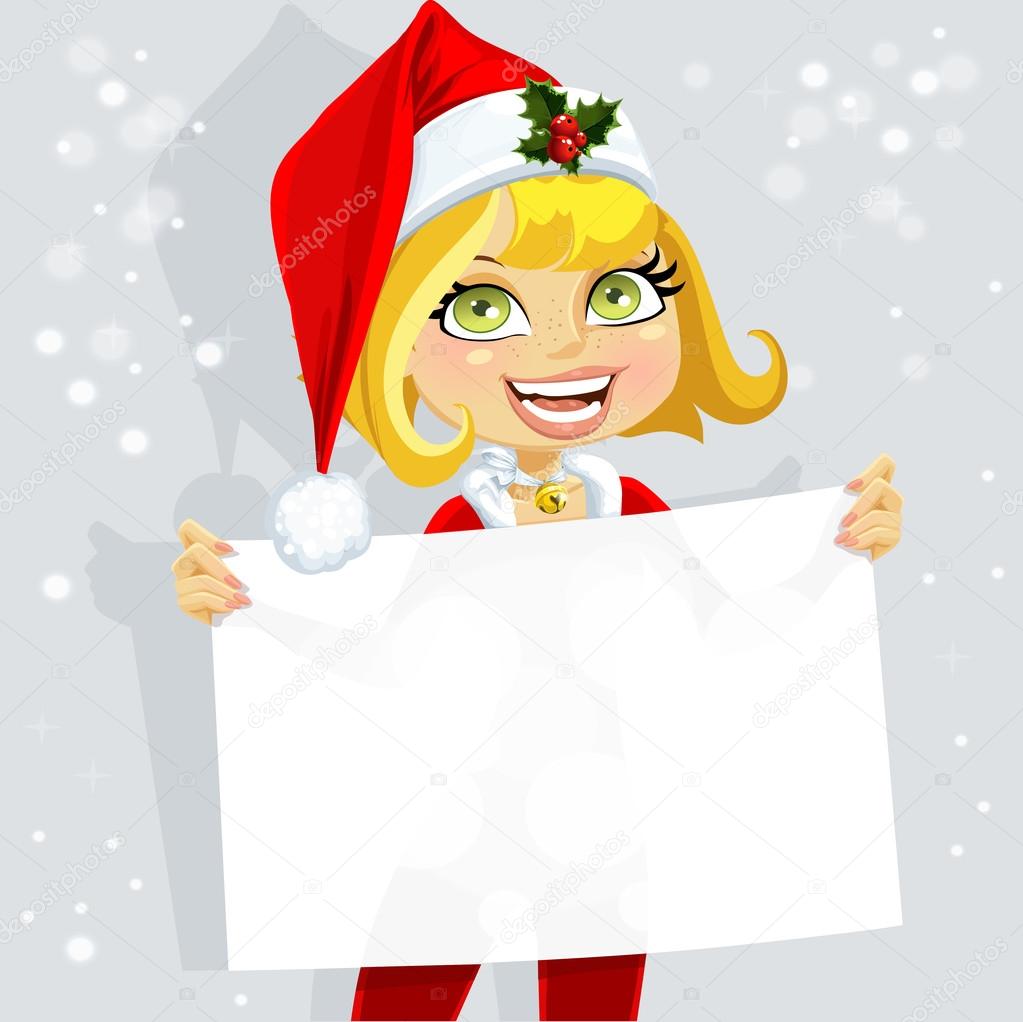 Cute girl in Santa suit hold blank Christmas banner