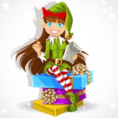 sevimli kız yeni yıl elf Noel Baba'nın Yardımcısı kaydetmeye hazır dilek