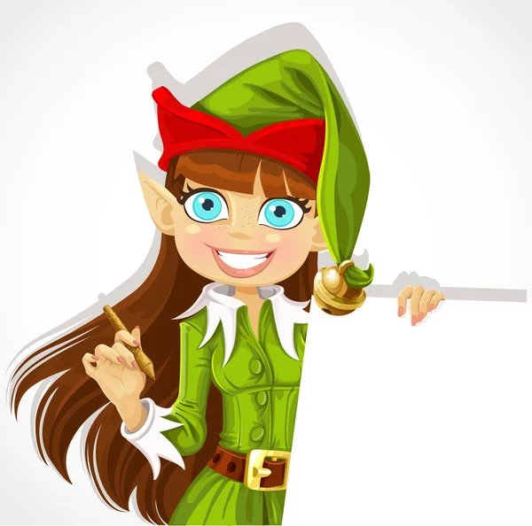 Cute christmas Elf with pen ready to record wishes with banner — Stock Vector